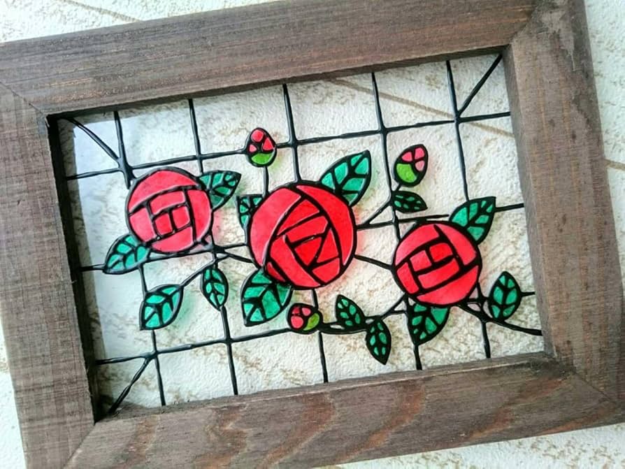 ステンドグラス◆レトロ風青い薔薇◆ハンドメイト品 ステンドグラスパネル 青いバラ - YAMADORI-SG'S GALLERY